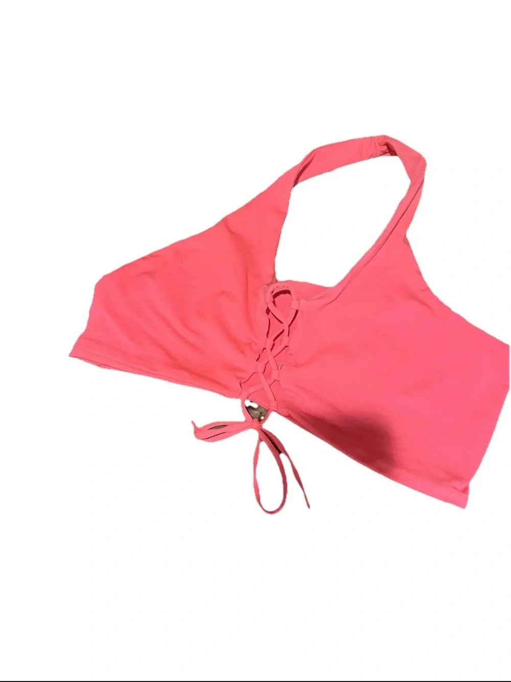 L Space Lace Up Halter Bikini Top Neon Pink Coral Small